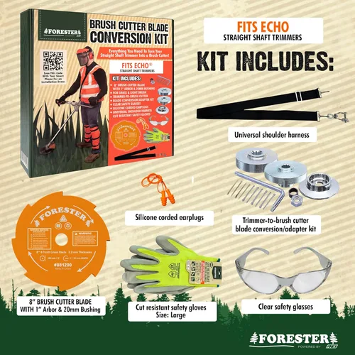 Vista 3 de Kit de conversión para cortasetos FORESTER con cuchilla de 20.3 cm para desbrozadora, gafas de seguridad, tapones para los oídos, guantes, arnés