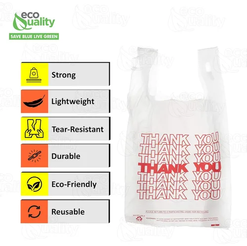Vista 2 de EcoQuality Bolsas de plástico blancas con texto en inglés "Thank You", 1000 unidades, bolsas de compras de 1/8, bolsas de comestibles, bolsas