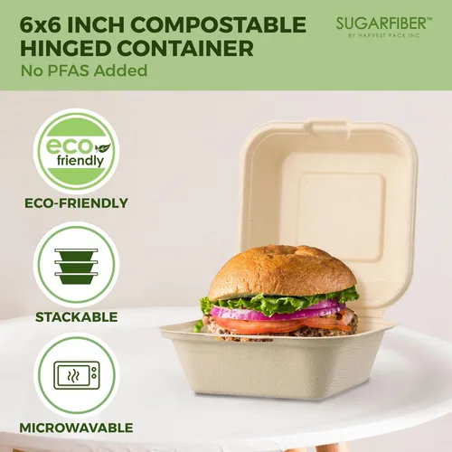 Vista 4 de [50 unidades] Paquete de cosecha de 6 x 6 pulgadas, contenedores de alimentos compostables para llevar, sin PFAS, cuadrados con tapas, caja