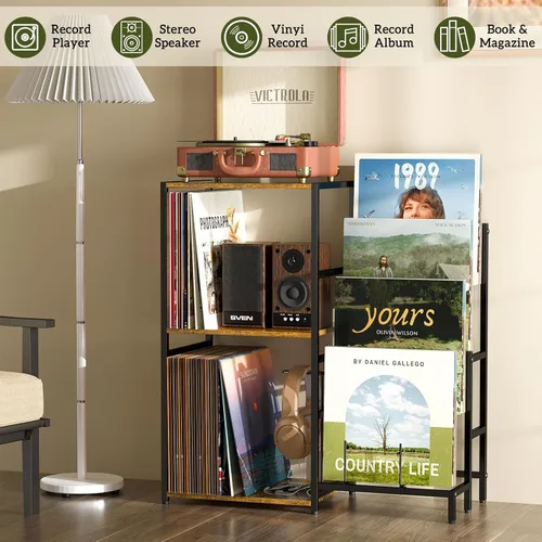 Vista 7 de Soporte para tocadiscos, mesa para tocadiscos con almacenamiento de vinilos de 4 niveles, almacenamiento para tocadiscos de hasta 200+ álbumes