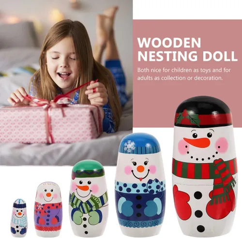 Vista 7 de Muñecos de nieve de madera para anidar 5 capas Matryoshka ruso juguete apilable Navidad decoración del hogar niños 2.55 pulgadas