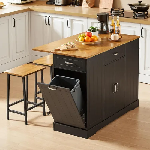 ONBRILL Las islas de cocina estacionarias incluyen 2 sillas, isla de cocina de 47 pulgadas con hoja caída, mesa de bar para el hogar con estante de