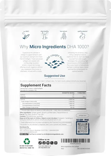 Vista 2 de Omega 3 Aceite de pescado DHA suplementos de 1000 mg con EPA 500 mg, 200 cápsulas blandas, sabor a limón, sin eructos (revestimiento entérico)