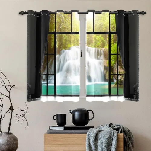 Vista 117 de Cortinas opacas para ventana con vista de cascada, día soleado, amanecer, primavera, paisaje natural, cortinas de ventana con aislamiento térmico