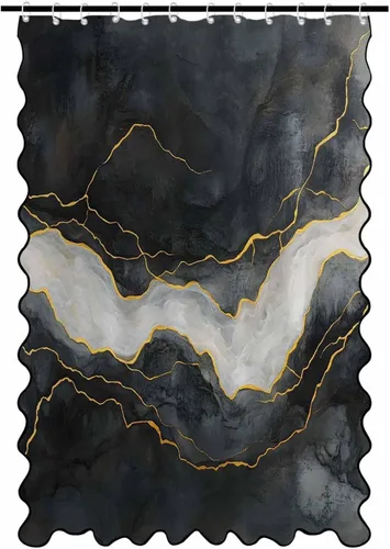 Scalloped Shower Curtain for Bathroom 36"x72" Modern Minimalism Black Marble White Texture Waterproof Wave Bathroom Shower Curtain Sets with Hooks