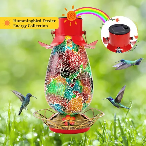 Vista 6 de Comedero solar LED para colibríes para exteriores, mosaico de vidrio multicolor, botella de néctar de colibrí colgante con 4 estaciones