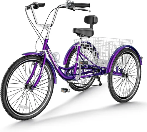 Triciclos para adultos de 7 velocidades, bicicletas de 3 ruedas de 24/26 pulgadas, bicicletas de tres ruedas de crucero con canasta grande para