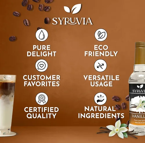 Vista 5 de Syruvia Jarabe de café de vainilla 25.4 onzas líquidas Jarabe para café, lattes, batidos, batidos, postres 100% vegano, sin gluten, jarabe