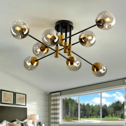 Vista 10 de SZXYKEJI Lámpara de araña de 3 luces, luminaria de techo semiempotrada vintage con globo de vidrio, lámpara de techo negra para pasillo, escalera