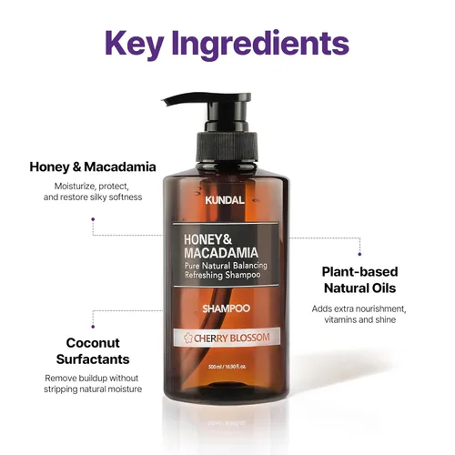 Vista 4 de KUNDAL Champú natural para el cabello [Blackberry Bay] Reparación del cabello dañado, nutre y seco, con miel, aceite de argán, aceite de macadamia