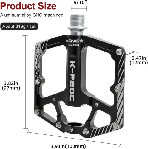 Vista 2 de Bike Pedal Aluminum Alloy 9/16" Bike Pedal MTB Wide Platform Flat Non-Slip Bicycle Pedals with 3 Bearings for Mountain Bikes, Road, BMX