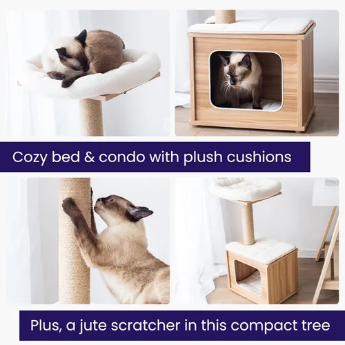Vista 7 de Catry Árbol para gatos de 29.7" de alto con 3 niveles de madera laminada con base grande, 2 escalones acolchados, poste de rascado de yute natural