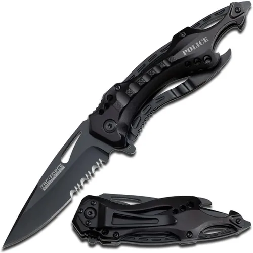 Tac Force Serie TF-705, cuchillo plegable táctico, apertura asistida, hoja semidentada, 4-1/2 pulgadas cerrado, negro