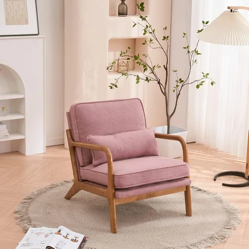 Vista 12 de Sillón tapizado para sala de estar, moderno de lino para interiores, silla de ocio individual con reposabrazos de roble y almohada lumbar, silla