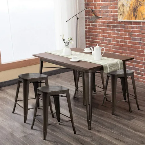 Vista 4 de COSTWAY Taburetes de comedor con asiento y respaldo de madera, taburete de metal industrial de altura de mostrador, sillas modernas apilables