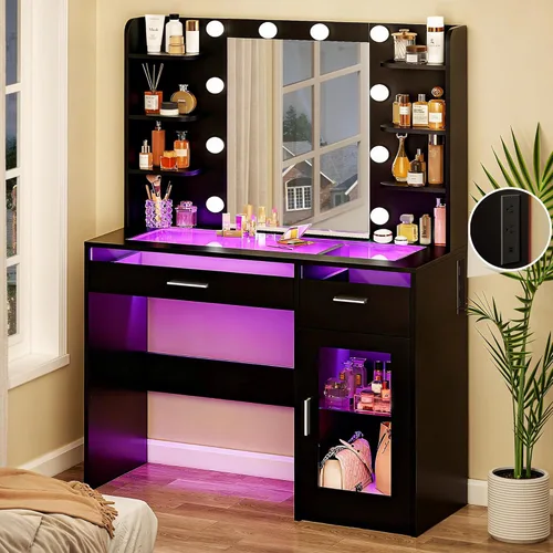 Vista 10 de Mesa de tocador pequeña con espejo y luces, tocador de maquillaje blanco con silla, juego de mesa de tocador RGB con 2 cajones y tomas de corriente