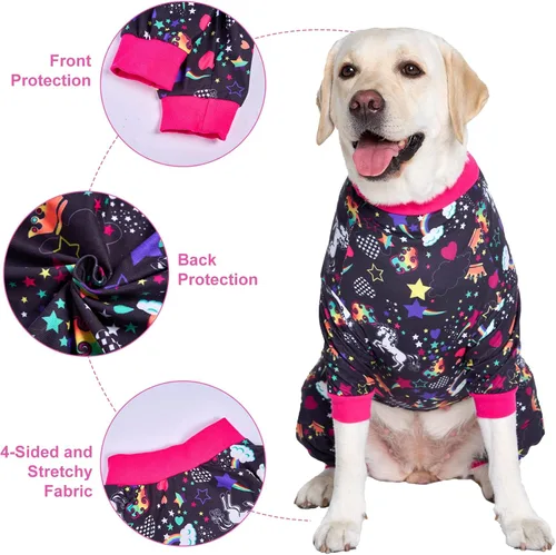 Vista 4 de LovinPet Pijamas grandes para perros Pitbull: cuidado de heridas/ropa de perro poscirugía, mamelucos para perros, estampado negro de arco iris