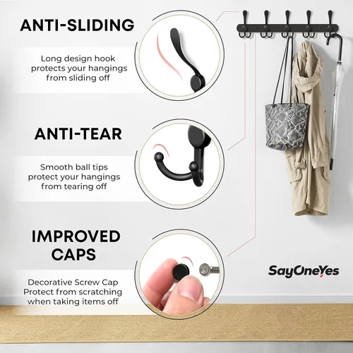 Vista 3 de Perchero de pared con 5 ganchos triples, acero inoxidable de 16 pulgadas – acabado mate negro, perchero resistente montado en la pared para abrigos