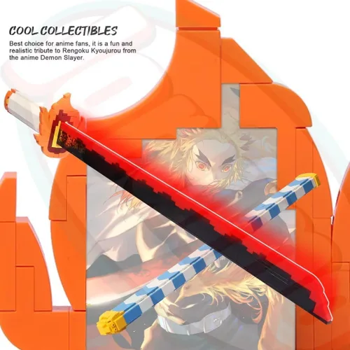 Vista 4 de Espada Demon Slayer, espada Rengoku Kyoujurou de 27 pulgadas, bloque de construcción con vaina y soporte, juego de construcción de espada de anime