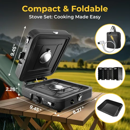 Vista 6 de Estufa portátil de camping de 2 quemadores de propano, estufa plegable de propano para acampar, estufa de campamento con 17,000 BTU, estufa de gas