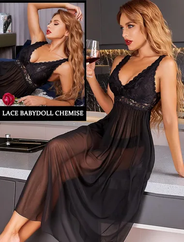 Vista 2 de Avidlove Lencería de encaje para mujer, camisón de malla con cuello en V