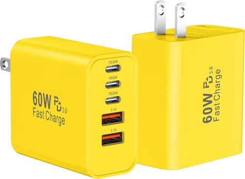Vista 8 de Bloque de cargador de pared rápido USB C, paquete de 2 cubos de carga USBC de 60 W, adaptador de corriente PD+QC de 5 puertos ladrillo multipuerto