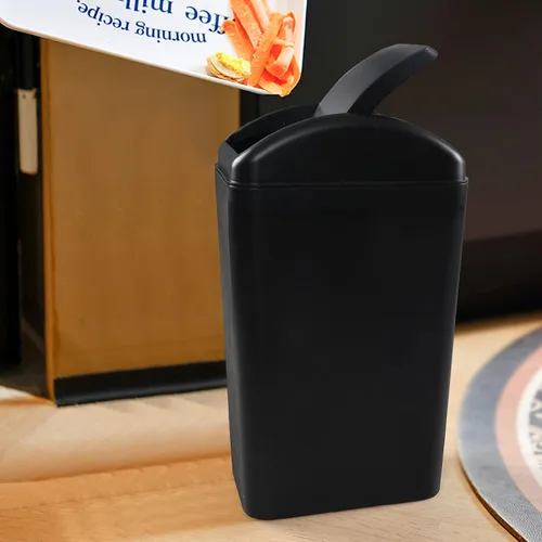 Vista 6 de Morcte - Cubo de basura pequeño de plástico de 3 galones con tapa abatible, color negro Basurero con tapa abatible, perfil delgado, para baño