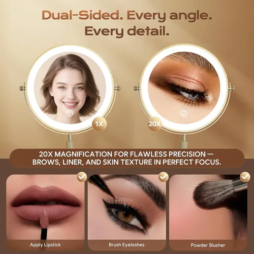 Vista 4 de Espejo de maquillaje iluminado, espejo de tocador de doble cara con aumento magnificable recargable de 5000 mAh con 3 colores, 1x/20x, rotación