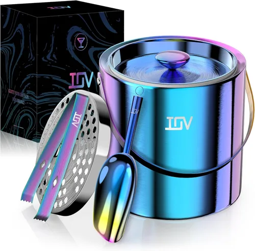 IOV Cubo de hielo con tapa, cuchara, pinzas y colador, cubo de hielo aislado de doble pared de acero inoxidable de 3 L para fiestas, mantiene el