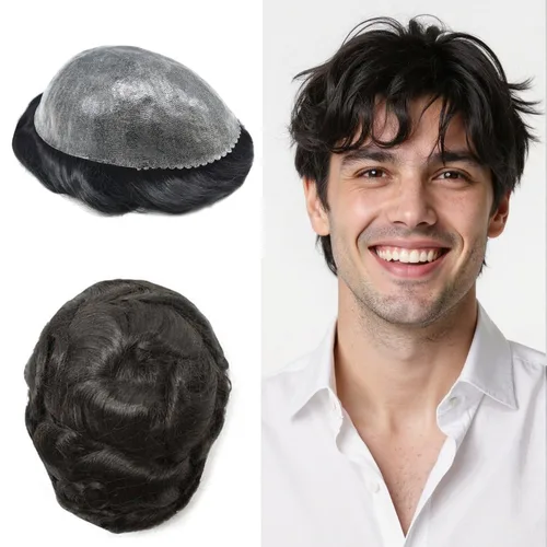 Toupee - Pieza de pelo para hombre, completo poli para hombre, sistema de reemplazo de cabello humano europeo, piel invisible, aspecto natural,
