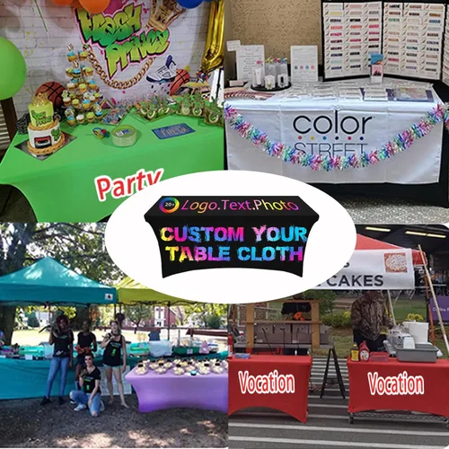 Vista 7 de Backquik Mantel personalizado con logotipo de negocios, mantel de elastano elástico personalizado de 4 pies, fundas de mesa personalizadas con texto