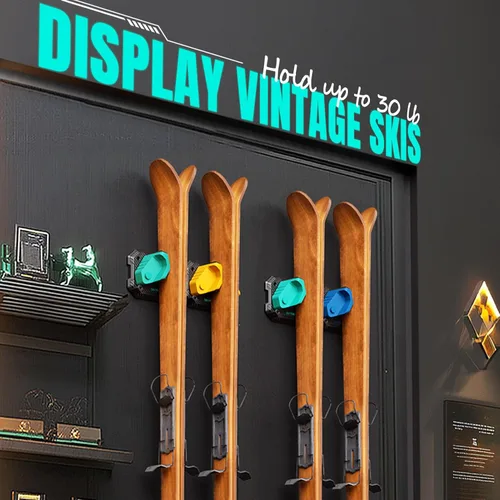 Vista 4 de Estante de pared de esquí y snowboard para pared de garaje se adapta a cualquier esquí/tabla, soporte de montaje de pared de esquí sin daños