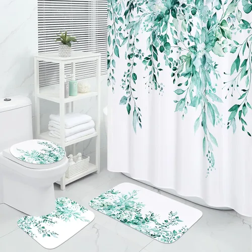 Vista 10 de MitoVilla Juego de 4 piezas de baño de eucalipto azul con cortina de ducha y alfombras, modernos juegos de cortinas de ducha con alfombras
