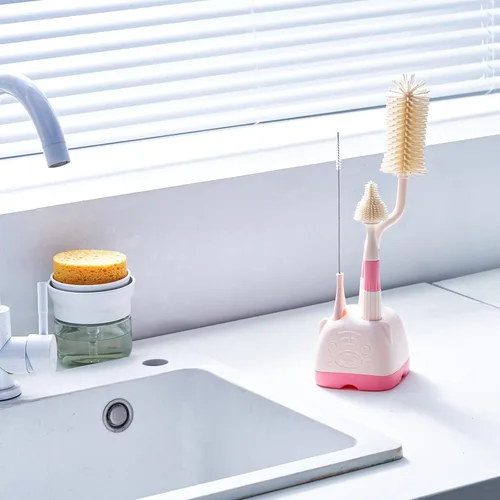 Vista 6 de Juego de 3 cepillos de silicona para biberones con soporte de almacenamiento, silicona de grado alimenticio, cepillos de limpieza para limpieza Crema