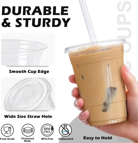 Vista 3 de Paquete de 100 vasos de plástico de 12 onzas con tapas y pajitas, tazas de café helado desechables transparentes para bebidas frías, batidos
