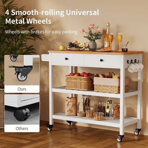 Vista 4 de Gizoon Carrito de isla de cocina con ruedas con mesa de madera de 40 pulgadas, 2 estantes de almacenamiento espaciosos y toallero, carrito