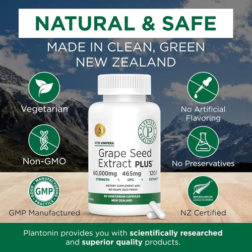 Vista 5 de Extracto de semilla de uva Plus-Vitis Vinifera (60 cápsulas) - 60.000 mg de fuerza, 60 cápsulas veganas, 465 mg de polifenoles (proantocianidinas)