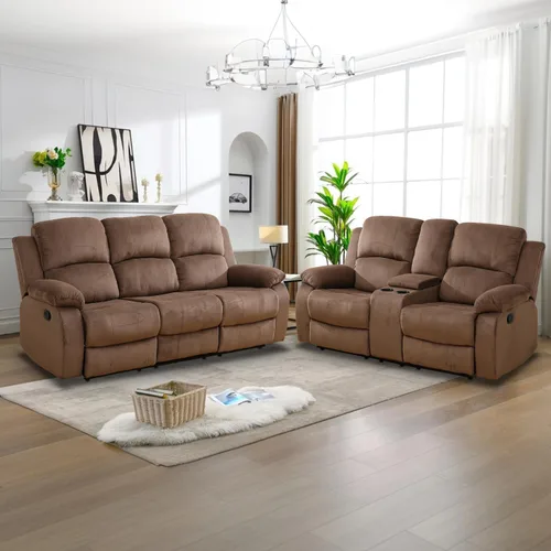 Vista 24 de Juego de Muebles para Sala de Estar, Juego de Sofá Reclinable Manual, Juegos de Sofás Reclinables de Cuero Beige con Mesa Desplegable, Sofá