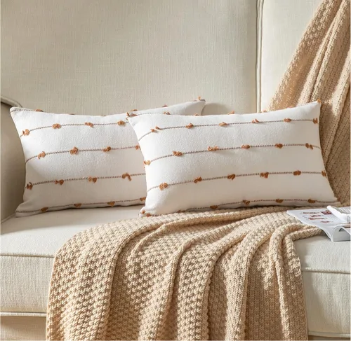 Vista 22 de Caflife Fundas de Almohada Decorativas Boho 18x18 pulgadas Beige y Negro, Juego de 2 Fundas de Almohada Decorativas Modernas Estilo Granja para Sofá