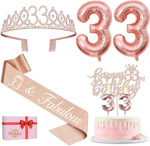 Vista 19 de Decoraciones de cumpleaños número 17 para niña, incluyendo tiara y banda de cumpleaños de 17, decoración para pastel y velas, globos de números