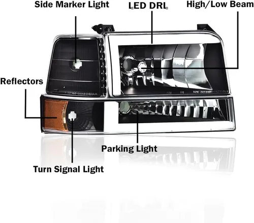 Vista 2 de Faros LED DRL, faro lente transparente carcasa negra reflector ámbar