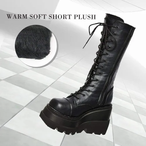 Vista 5 de CELNEPHO - Botas para mujer, estilo de combate, punk, de plataforma alta, hasta mitad de la pantorrilla, de cuña, con tacones altos y gruesos