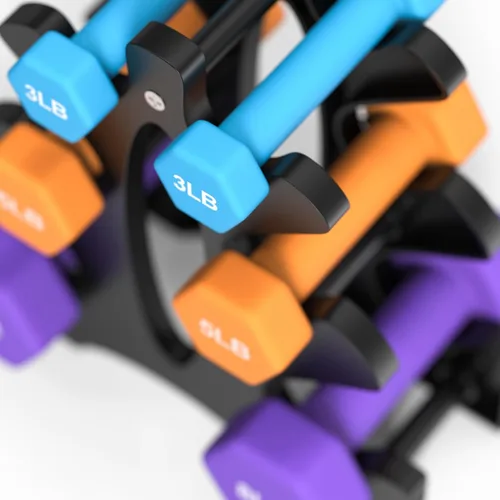 Vista 6 de Portzon Weights Dumbbells Set 3, 5, 8, and 10 Pound Neoprene Dumbbell Free Hand Weight Set with Rack, Ideal for Home Exercises, 32 LB, Anti-Slip