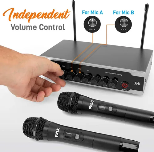 Vista 5 de Pyle Sistema de micrófono inalámbrico Uhf portátil, funciona con pilas, juego de micrófonos inalámbricos Bluetooth dual, incluye 2 micrófonos