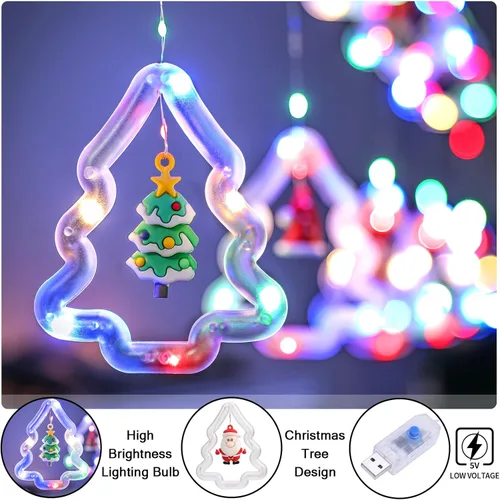 Vista 4 de BLOOMWIN Luces de Ventana de Navidad Decoraciones de Ventana Navideñas Iluminadas - Luz de Anillo en Forma de Árbol con Luz de Cortina de Ornamento
