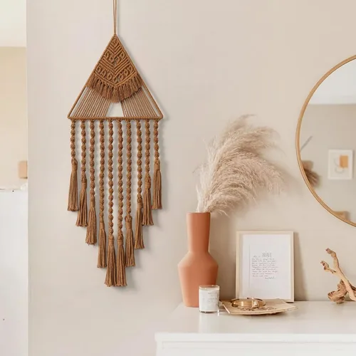 Vista 7 de LOMOHOO macramé tejido para colgar en la pared, atrapasueños, triángulo, borla, arte geométrico, telón de fondo bohemio, decoración del hogar, arte