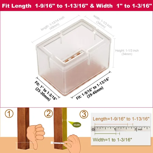 Vista 3 de Protectores de suelo para patas de silla, ajuste rectangular, longitud de 1-9/16 a 1-13/16 pulgadas y ancho de 1 a 1-3/16 pulgadas, tapas grandes