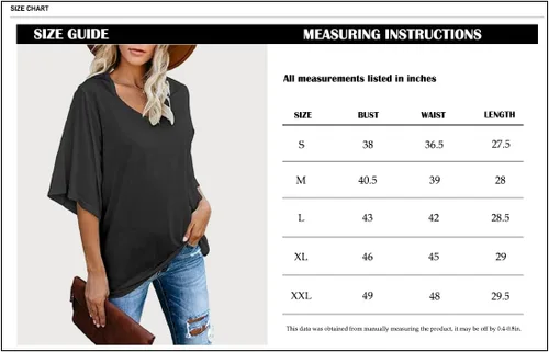 Vista 7 de cordat Blusa suelta para mujer, cuello en V, manga 34 acampanada, longitud hasta el codo, camisetas para mujer