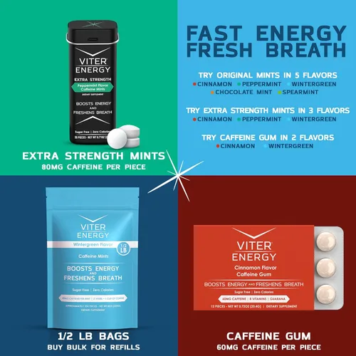 Vista 6 de Viter Energy Mentas con Cafeína 40mg de Cafeína, Vitaminas B, Sin Azúcar. (Menta Chocolate, 20 piezas, Paquete de 6)