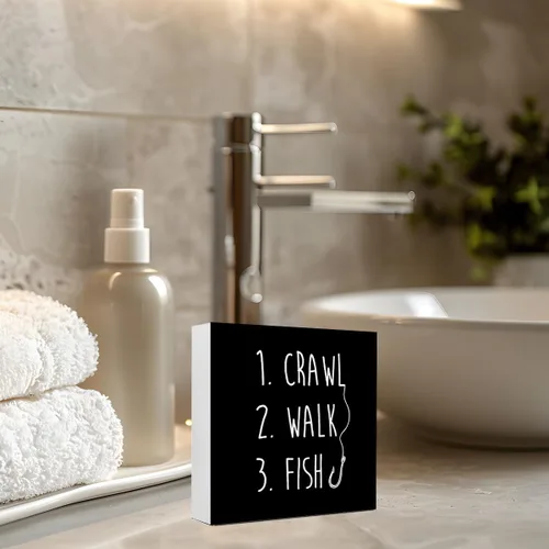 Vista 4 de Cartel de madera rústica de pez de gateo negro, divertido bloque de madera para bebé, decoración de escritorio para el hogar, dormitorio, habitación